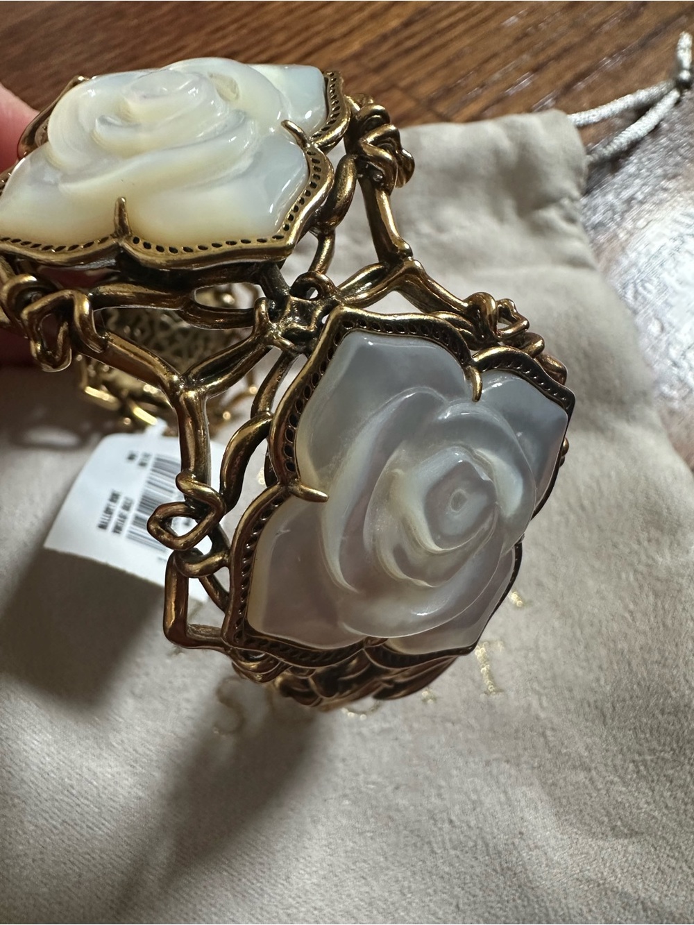 Kendra Scott Mallory Rose Cuff in Vintage Gold with Mother of Pearl Carved Roses